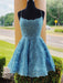 A Line Backless Lace Blue Short Prom Dresses Homecoming Dresses, Backless Blue Lace Formal Graduation Evening Dresses