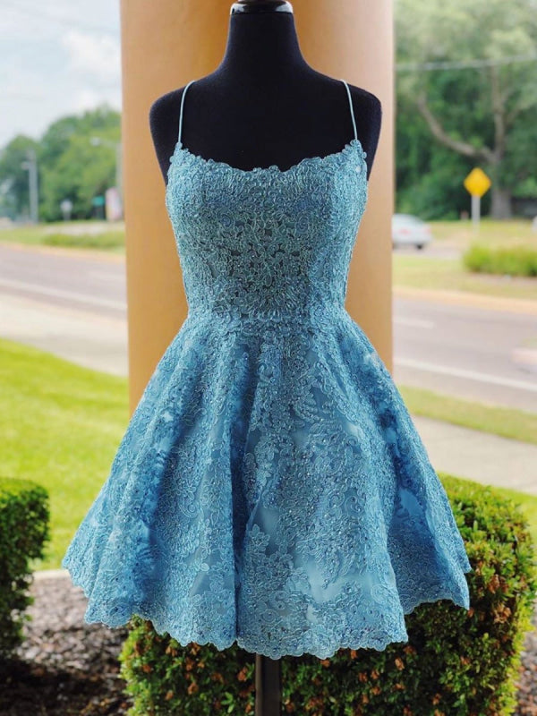 A-line Blue Short Off Shoulder Knee Length Homecoming Dress, Blue Short Prom Dress