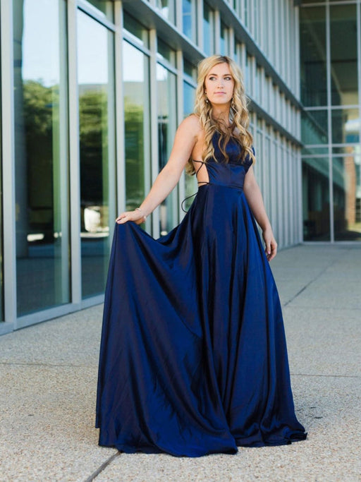 A Line Backless Navy Blue Satin Long Prom Dresses, Backless Navy Blue Formal Graduation Evening Dresses 