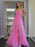 A Line Backless Pink Lace Long Prom Dresses with High Slit, Backless Pink Formal Dresses, Pink Lace Evening Dresses 