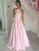 A Line Backless Pink Satin Long Prom Dresses with Pocket, Long Pink Formal Graduation Evening Dresses 