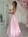 A Line Backless Pink Satin Long Prom Dresses with Pocket, Long Pink Formal Graduation Evening Dresses 