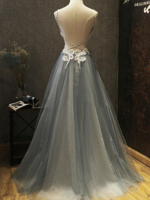 A Line Backless White Lace Beading Gray Tulle Long Prom Dresses, Lace Gray Formal Dresses, Backless Gray Long Evening Dresses