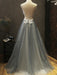 A Line Backless White Lace Beading Gray Tulle Long Prom Dresses, Lace Gray Formal Dresses, Backless Gray Long Evening Dresses