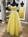 A Line Backless Yellow Lace Long Prom Dresses, Yellow Lace Formal Graduation Evening Dresses