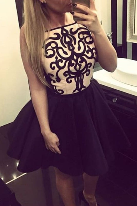 A-Line Bateau Appliques Sleeveless Short Homecoming Dress Mini Black Dresses - Prom Dresses