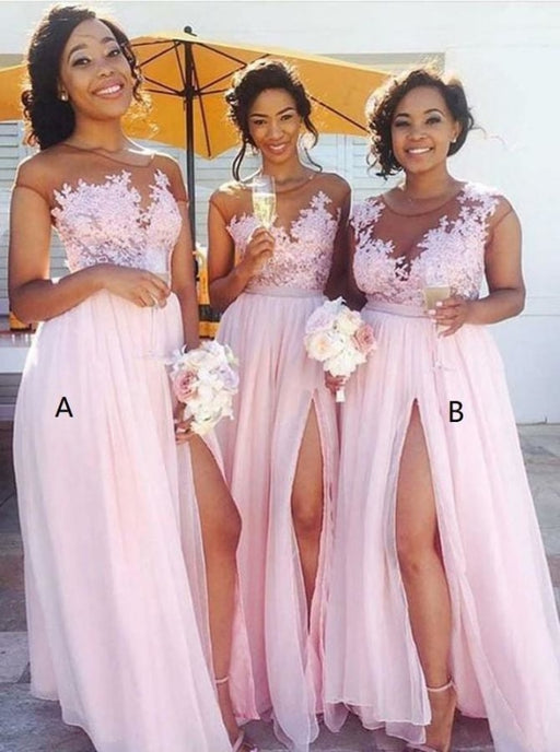 A-Line Bateau Cap Sleeves Pink Chiffon Appliques Bridesmaid Dress - Bridesmaid Dresses