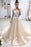 A-line Bateau Lace Appliqued Gold Sash Short Sleeves Wedding Dress - Wedding Dresses