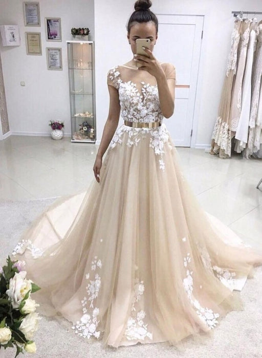 A-line Bateau Lace Appliqued Gold Sash Short Sleeves Wedding Dress - Wedding Dresses