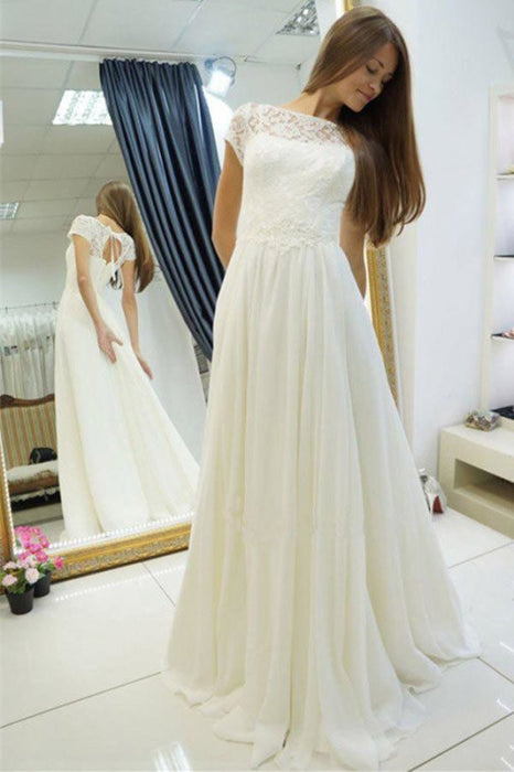 A-line Beach Gown Sweep Train Cap Sleeves Wedding Dress - Wedding Dresses