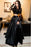 A-line Black Two Piece Long Sleeve Floor Length Satin Evening Dress - Prom Dresses