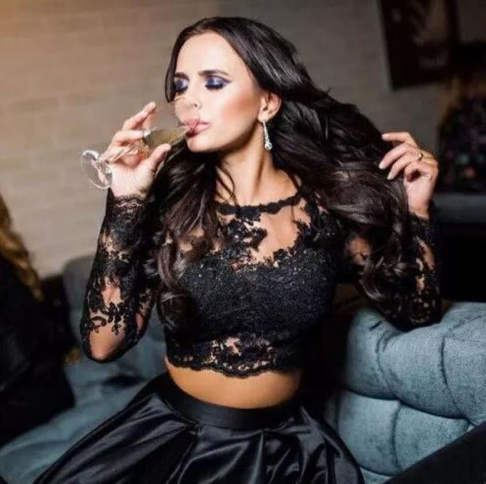 A-line Black Two Piece Simple Long Prom Dresses Cheap - Bridelily A-line Black Two Piece Simple Long Prom Dresses Cheap - Bridelily