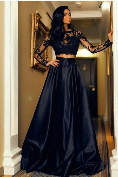 Black Satin Elegant A Line Long Prom Dresses with Pearls, Long Black F –  Lwt Dress