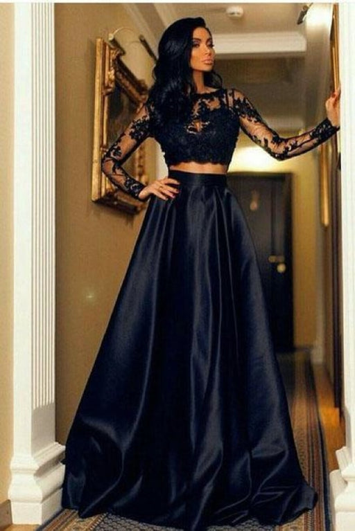 A-line Black Two Piece Long Sleeve Floor Length Satin Evening Dress with Lace - Prom Dresses