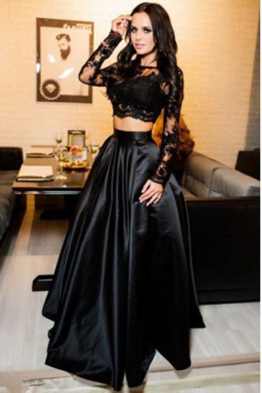 A-line Black Two Piece Simple Long Prom Dresses Cheap - Bridelily A-line Black Two Piece Simple Long Prom Dresses Cheap - Bridelily
