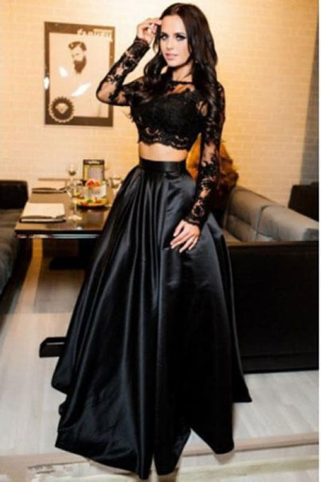 A-line Black Two Piece Simple Long Prom Dresses Cheap - Bridelily A-line Black Two Piece Simple Long Prom Dresses Cheap - Bridelily