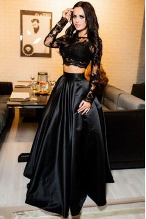 A-line Black Two Piece Simple Long Prom Dresses Cheap - Bridelily A-line Black Two Piece Simple Long Prom Dresses Cheap - Bridelily