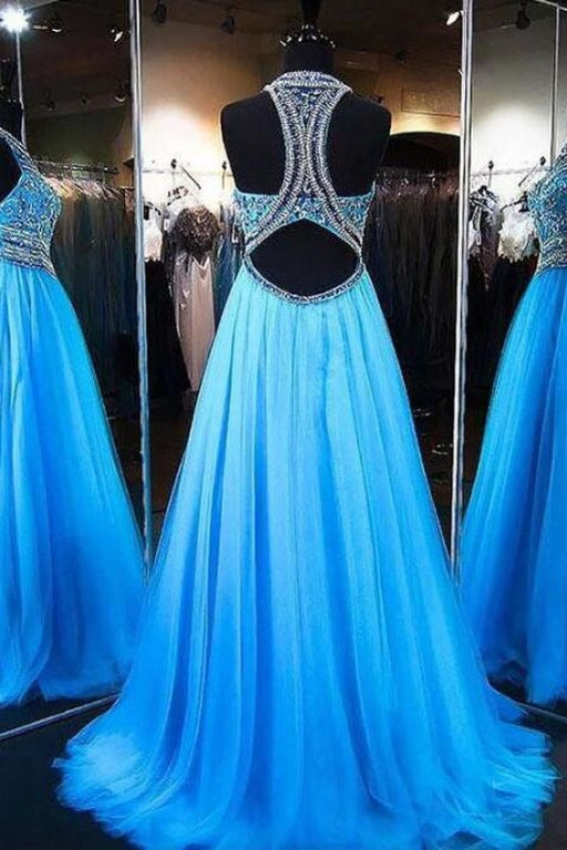 A-Line Blue Jewel Sleeveless Beading Tulle Dresses Sweep Train Party Dress - Prom Dresses
