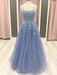 A Line Blue Lace Long Prom Dresses, Blue Lace Formal Dresses, Blue Evening Dresses
