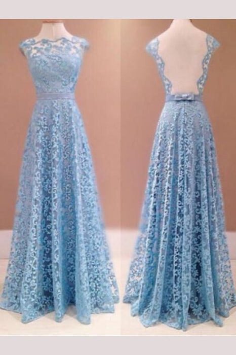 A-line Blue Sleeveless Lace Floor-length Prom Sexy Evening Dresses - Prom Dresses