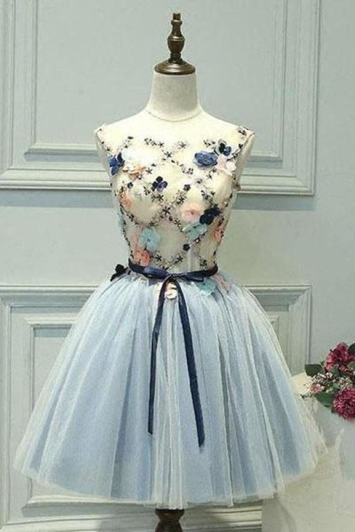 A-Line Blue Tulle Homecoming Dresses With Appliques Cute Graduation Dress with Flower - Prom Dresses