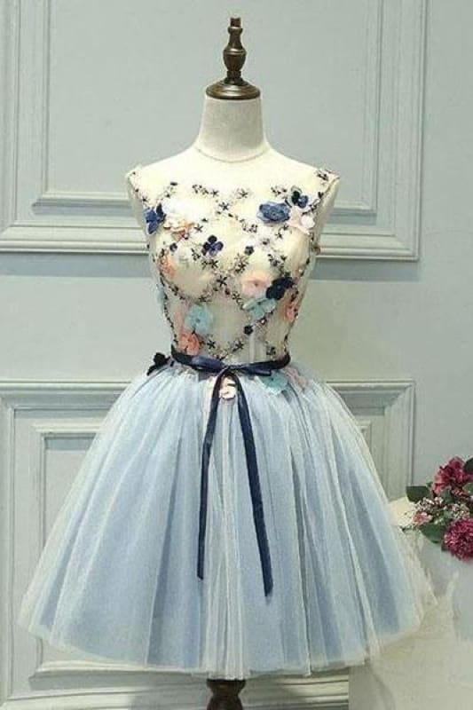 Sweet Tulle Lace Layered A Line Birthday Outfits Blue Formal Short Graduation Homecoming Dress