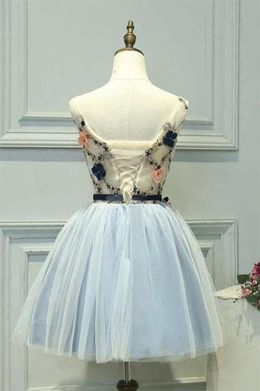 A-Line Blue Tulle Homecoming Dresses With Appliques Cute Graduation Dress with Flower - Prom Dresses