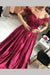 A Line Burgundy Off the Shoulder Lace Up Back Applique Satin Long Prom Dress - Prom Dresses