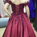 A Line Burgundy Off the Shoulder Lace Up Back Applique Satin Long Prom Dress - Prom Dresses