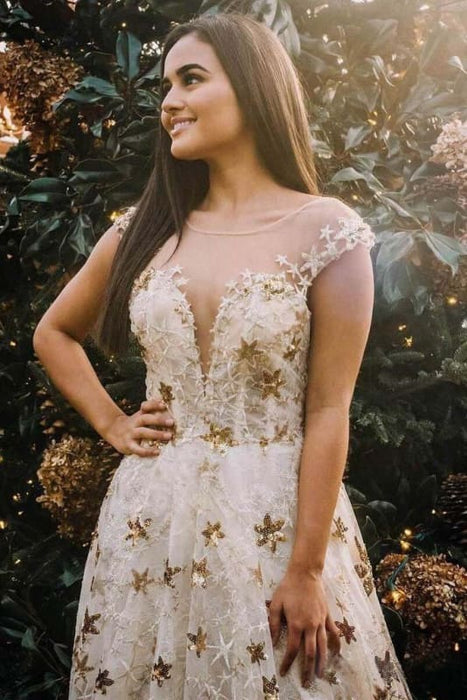 A-Line Lace Prom Gown with Gold Stars Cap Sleeve Formal Dress - Bridelily A-Line Lace Prom Gown with Gold Stars Cap Sleeve Formal Dress - Bridelily