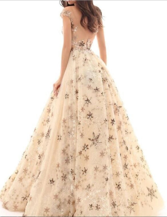 A Line Cap Sleeve Long Lace Dresses With Gold Stars Sheer Neck Prom Gown - Prom Dresses