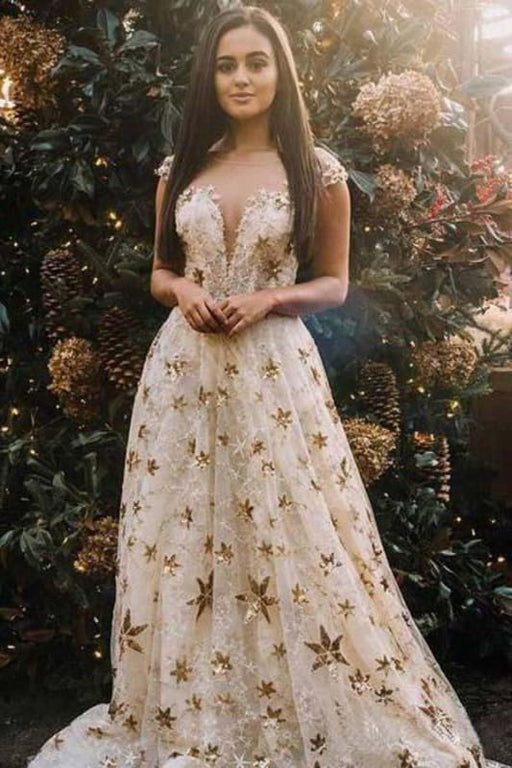 A-Line Lace Prom Gown with Gold Stars Cap Sleeve Formal Dress - Bridelily A-Line Lace Prom Gown with Gold Stars Cap Sleeve Formal Dress - Bridelily
