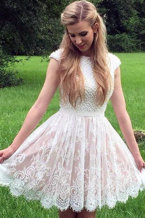 A Line Cap Sleeves Homecoming with Pearls Short Lace Graduation Dress - Prom Dresses