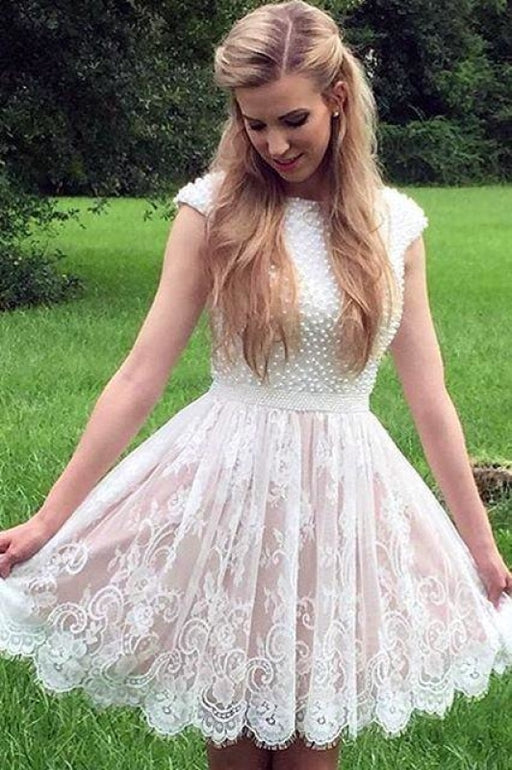 A Line Cap Sleeves Homecoming with Pearls Short Lace Graduation Dress - Prom Dresses