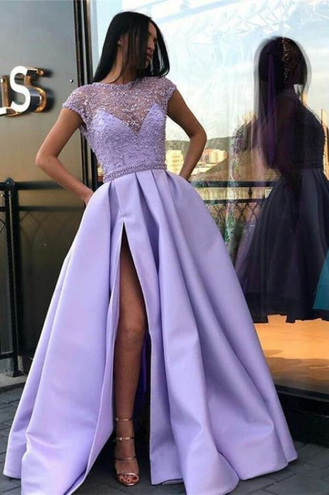 A Line Cap Sleeves Prom Dress Satin Graduation School Party Gown with Side Split - Prom Dresses