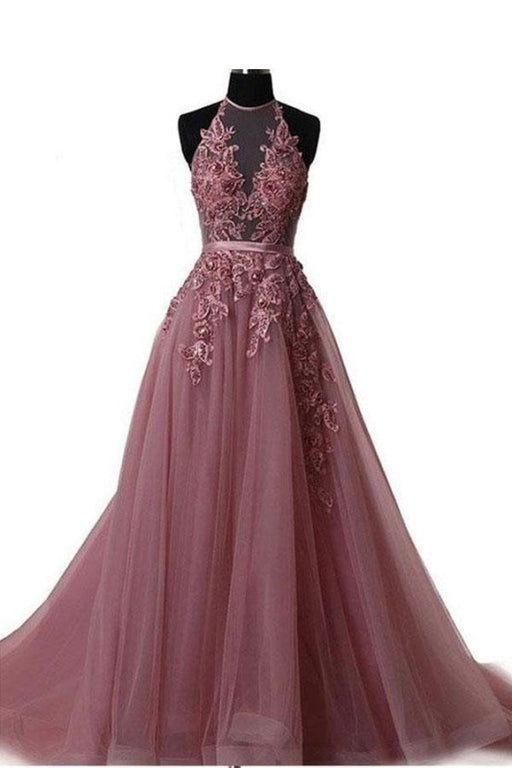 A Line Cheap Halter Tulle Prom Appliques Long Party Dress with Rhinestones - Prom Dresses