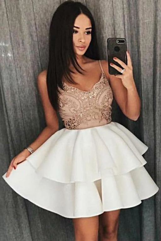A Line Cheap Spaghetti Strap Ivory Tiered Homecoming Dress with Appliques - Prom Dresses
