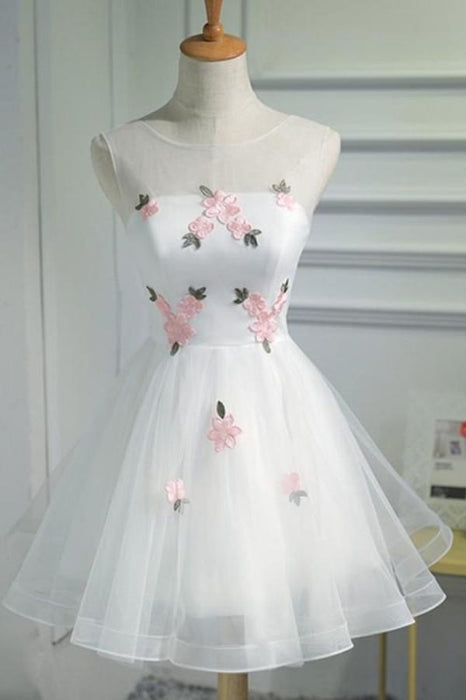 A Line Cheap Tulle Graduation with Pink Appliques Short Sleeveless Prom Dress - Prom Dresses