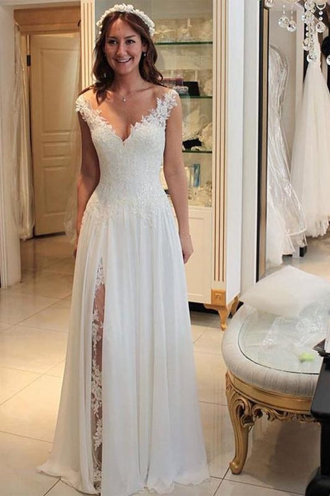 A Line Chiffon Beach Long Flowy Lace Wedding Dress - Wedding Dresses