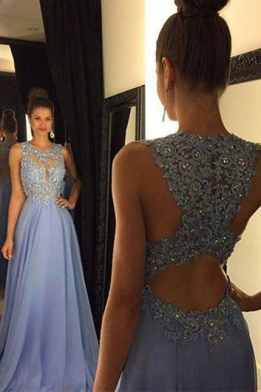 A-line Chiffon Lace Long Prom Round Neck Evening Dress Sequin Formal Dresses - Prom Dresses