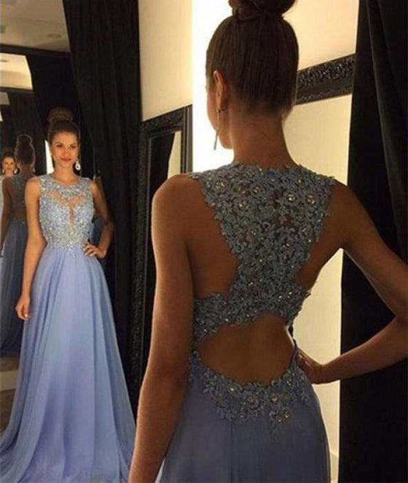 A-line Chiffon Lace Long Prom Round Neck Evening Dress Sequin Formal Dresses - Prom Dresses