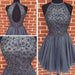 A-line Dark Gray Jewel Sleeveless Beaded Backless Tulle Homecoming Short Party Dress - Prom Dresses
