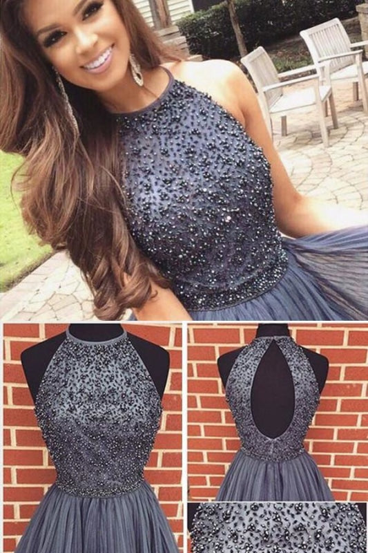 A-line Dark Gray Jewel Sleeveless Beaded Backless Tulle Homecoming Short Party Dress - Prom Dresses