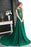 A-line Dark Green Cap Sleeve Scoop Applique Chiffon Long Prom Dress with Beaded - Prom Dresses