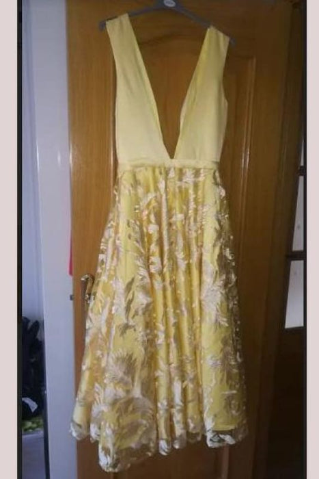 A-line Deep Neck Sleeveless Tea-Length Prom with V Back Lace Homecoming Dress - Prom Dresses