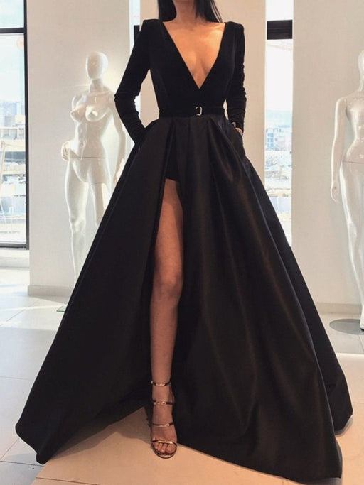 A Line Deep V Neck Black/Burgundy Long Sleeves Satin Prom Dresses With Leg Slit, Black/Burgundy Formal Dresses, Graduation Dresses, Evening Dresses