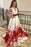 A-Line Deep V-Neck Floral Satin Prom with Beading Sweep Train Evening Dress - Prom Dresses