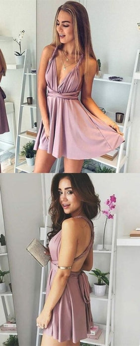 A-Line Deep V-Neck Lace-Up Blush Pink Chiffon Homecoming Sexy Short Party Dress - Prom Dresses