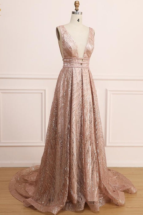 A Line Deep V Neck Long Prom with Sequins Glitter Sleeveless Evening Dress - Prom Dresses