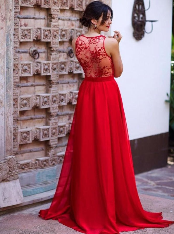 A-Line Deep V-Neck Long Red Chiffon Bridesmaid Dress - Bridesmaid Dresses